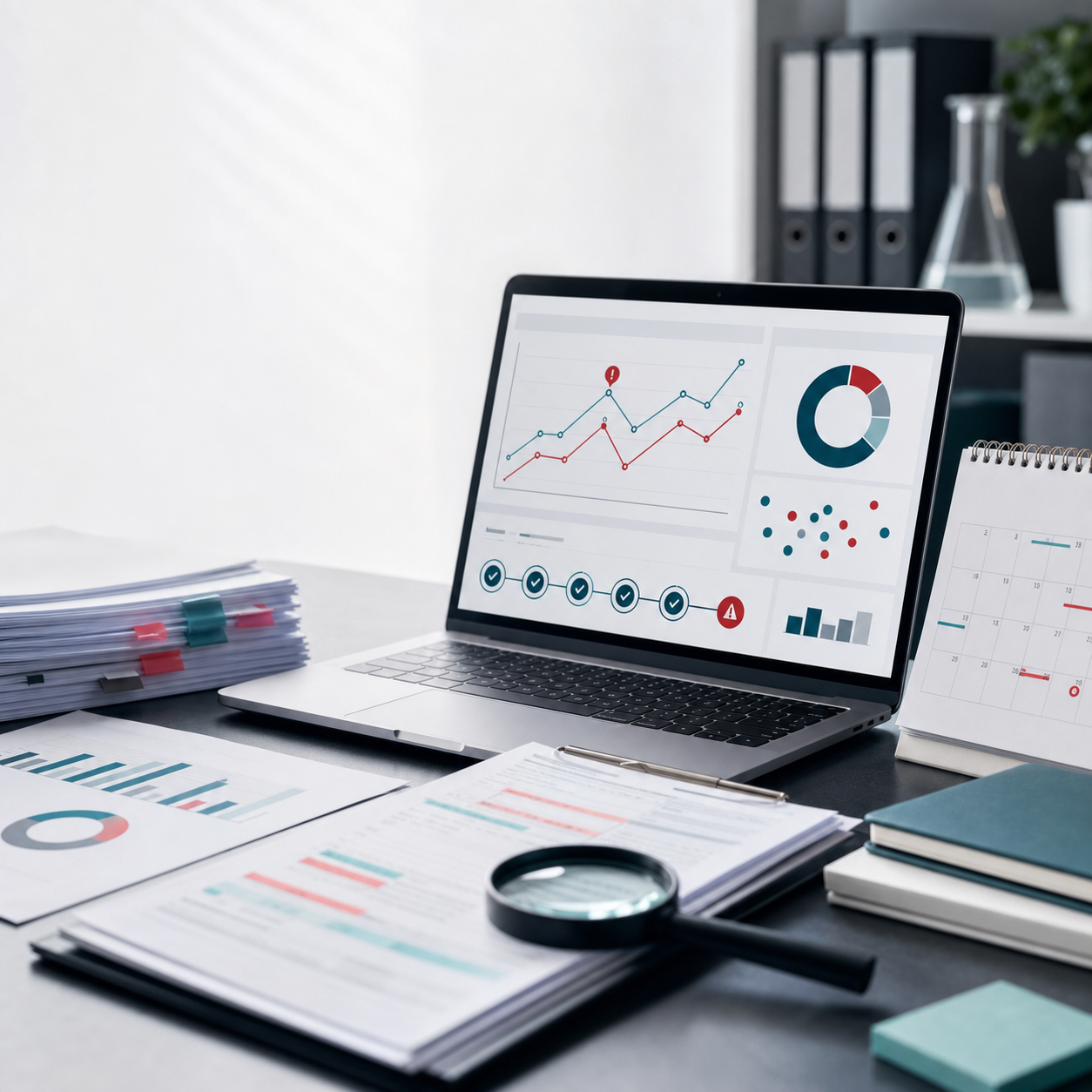 Quality operations desk with warning-letter signal dashboard and review documents