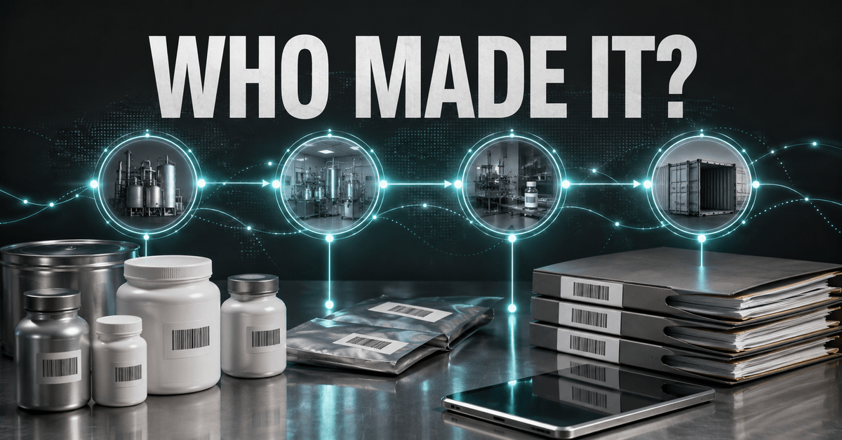 Unbranded API containers and batch records connected by a traceability path under the words Who made it?